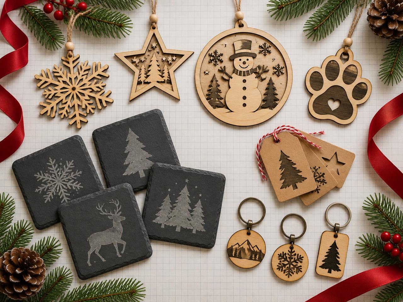 Laser-cut wooden ornaments, engraved gift tags and slate coasters arranged with pine sprigs and kraft paper on a bright workbench